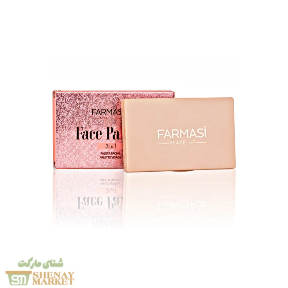 farmasi-face-palette-3-in-1 پالت آرایشی صورت ۳ در ۱ فارماسی شامل کانتور، رژگونه و هایلایتر